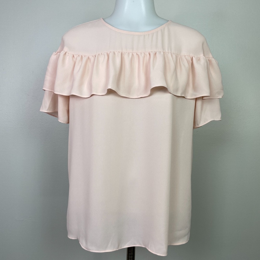 LOFT Top Medium Petite Blush Pink Ruffle Feminine Sheer Blouse Women's